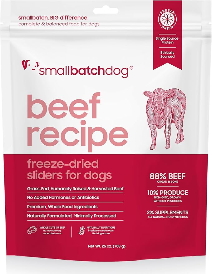 smallbatch Pets Freeze Dried Raw Dog Food, Beef Recipe, 25 oz, Organic High Protein Dog Food, Grain Free, Made in The USA, Humanely Raised Meat, Single Protein, for Picky Eaters, Hydrate & Serve