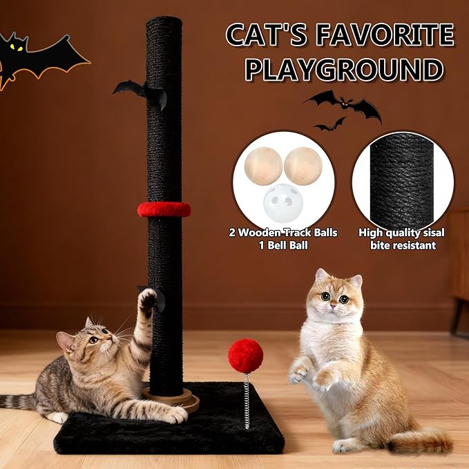 Gothic 27'' Scratching Post, Cat Scratcher Indoor, Wooden Ball Track Toy, Hanging Ball, Bouncy Ball, Interactive Toy Furniture for Kittens Adult Cats, Black Red