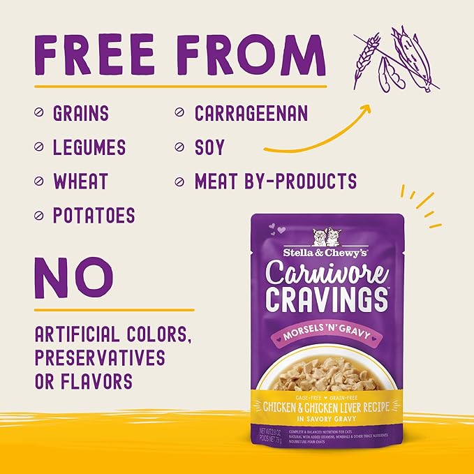 Stella & Chewy's Carnivore Cravings Wet Cat Food Pouches - Premium Chicken & Chicken Liver Recipe - Grain-Free Morsels & Gravy - Perfect for Picky Eaters - Complete Meal or Topper - 2.8oz, 12-Pack