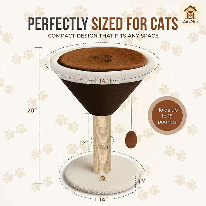 CasaMila Espresso Martini Cat Scratcher 20", Cat Scratching Post, Cat Tower, Cat Tree Tower, Scratching Post for Indoor Cats, Cat Scratcher, Small Cat Tree, Cute Cat Tree, Cat Post, Martini Cat Tree