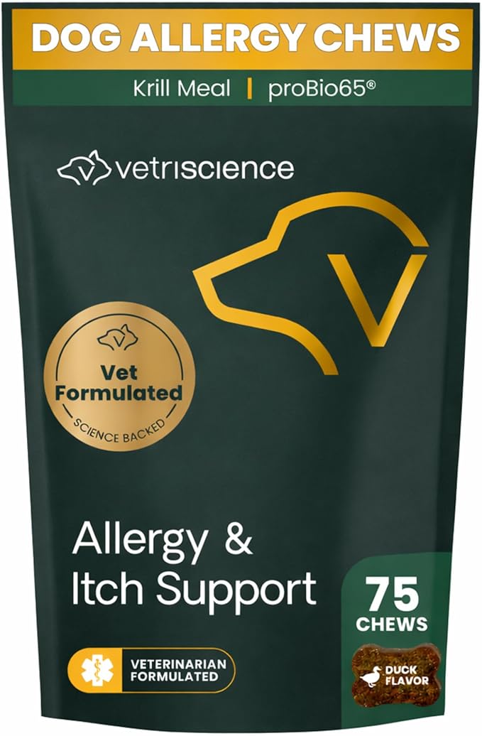 VetriScience Allergy & Itch Support Chews, Allergy Plus Skin Supplement for Dogs, Allergy Chews for Itching, Scratching, and Licking, Support Skin and Immune Health, Duck, 75 Count