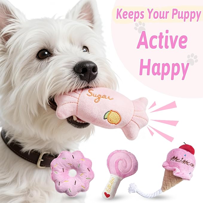 Dog Toys for Small Dogs, Puppy Toys for Teething Small Breed - Cute Pink Plush Dog Toy Set with Squeaker, Soft Dog Squeak Toys, Durable Dog Stuffed Toys & Dog Chew Toys for Puppies and Small Dogs