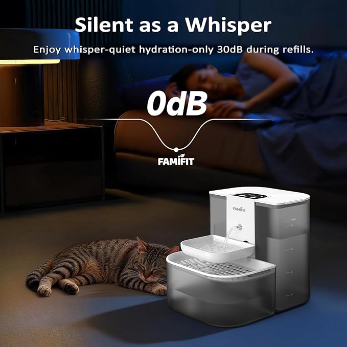 [New Upgrade] Famifit 4.5L+2L Automatic Cat Water Fountain (Non-Heated), 2000mAh Battery, Timed 3/6/9H & 80/100/120ml Control, Clean Water System, No Filter, Ceramic Bowl, Ultra Quiet