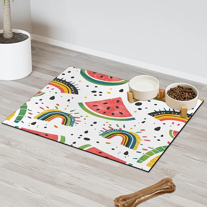 Boho Rainbow Dog Food Mat for Floors Absorbent Dog Bowl Mat for Food and Water Dispenser Quick Dry Cat Food Placemat Pet Supplies 12" x 20", Watermelon Fruit