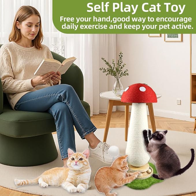 Mushroom Cat Scratching Post, Mushroom Cat Tree with Interactive Ball Track Spring Ball Cat Toys, Cute Cat Scratching Post for Indoor Kittens Adults, 100% Sisal Covered