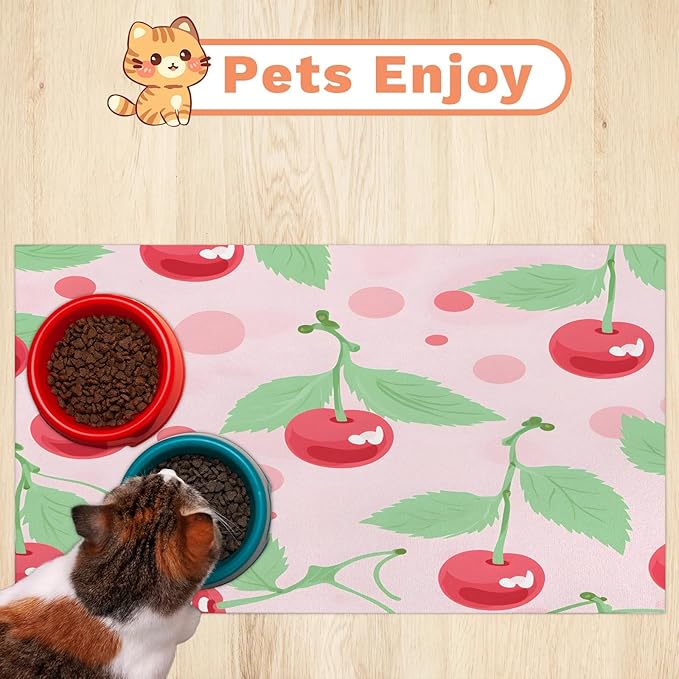 Red Cherry Dog Food Mat for Floors Absorbent Dog Bowl Mat for Food and Water Dispenser Quick Dry Cat Food Placemat Pet Supplies 12" x 20", Cute Fruit