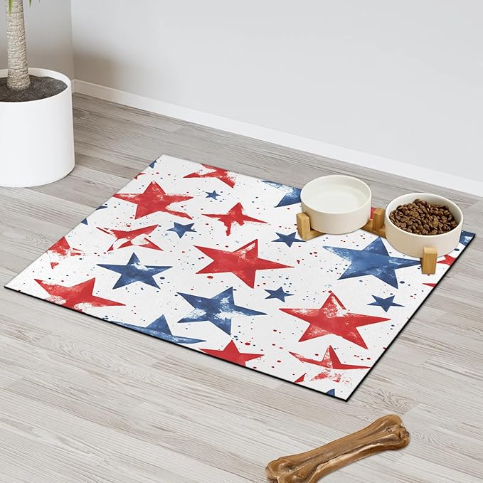 4th of July Dog Food Mat for Floors Absorbent Dog Bowl Mat for Food and Water Dispenser Quick Dry Cat Food Placemat Pet Supplies 17" x 30", Red Blue Stars