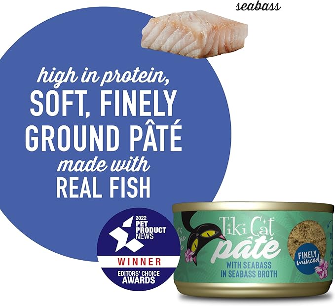 Tiki Cat Luau Pâté, Seabass Recipe in Seabass Consumme, Grain-Free Balanced Nutrition Wet Canned Cat Food, for All Life Stages, 2.8 oz. Cans (Pack of 12)