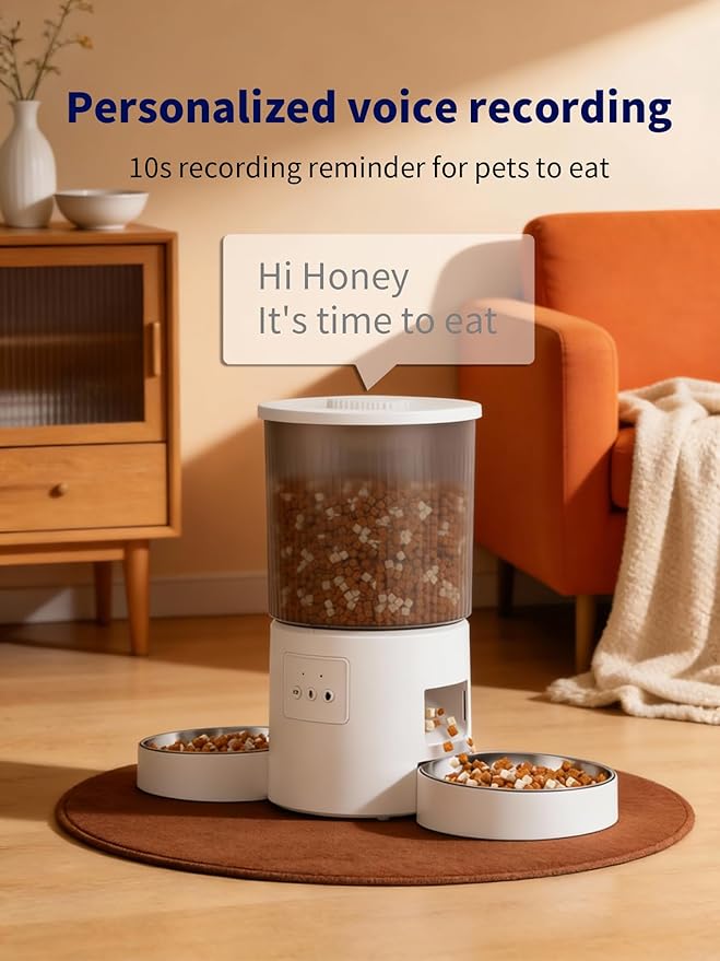 Automatic Cat Feeder, 2.4GHz WiFi Automatic Dog Food Dispenser, Fresh Protection, 4L Timer Feeder, Personalized Recording 10 Seconds, Easy to Clean, Stainless Steel Bowl (Double/White)
