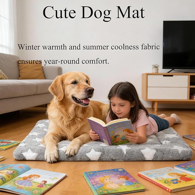Dog Bed Mat, Reversible Dog Crate Pad - Comfortable Kennel Mat for Dogs & Cats, Machine Washable Dog Bed Suitable for Kennel, Cage or Home Travel (Gray Star, 35" L*23" W*1.5" Th)