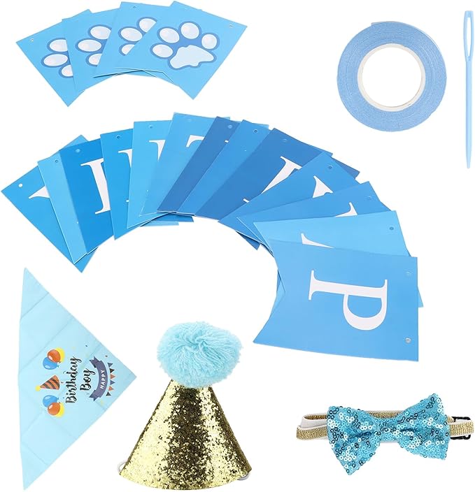Dog Birthday Party Supplies Set with Hat Scarf Bow Tie, Reusable Pet Birthday Decorations for Small to Medium Dogs, Includes Streamers Ribbon and Pin for Photo Shoots