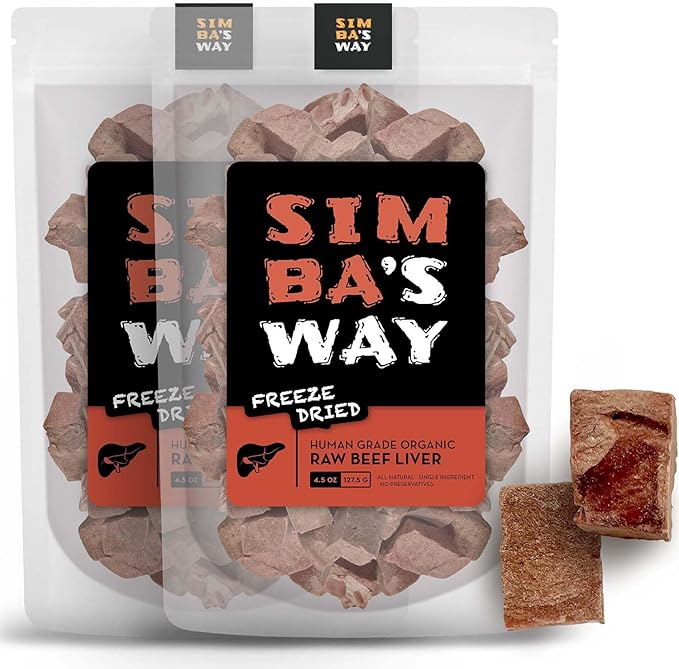 SIMBA'S WAY - Freeze Dried RAW Beef Liver Dog and Cat Treats, Organic Human Grade, Single Ingredient, All Natural, Grain-Free, Made in USA. [ 4.5 .oz ] [ 2 Pack ]