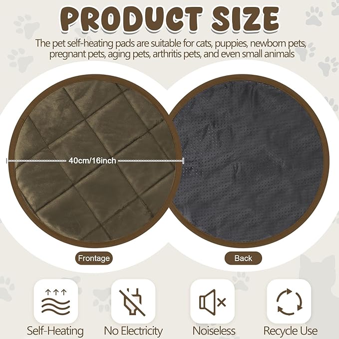2 Pcs Self Warming Cat Mat Round Self Heating Pad Bed Reversible Machine Washable Heated Bed Anti Slip Warming Pad Pet Mat for Cat Crate Indoor Outdoor(Coffee,16 Inch)