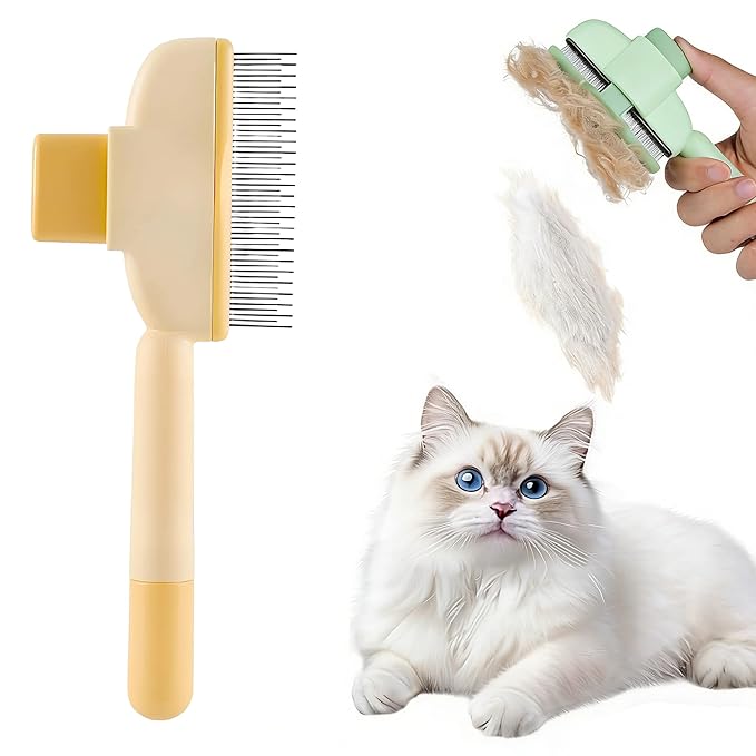 Self Cleaning Pet Hair Removal Comb, Pet Comb with Long Short Stainless Steel Metal Teeth, Cat Grooming Brush, Pet Grooming Supplies for Cat, dog (Yellow)