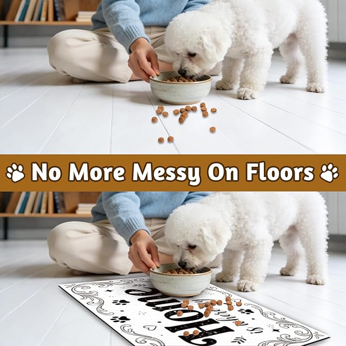 GLOBLELAND Home Prints Pet Food Mat for Floors 11.8×20 inch Home is Where My Dog is Dogs Food Mats Absorbent Dog Bowl Mat Quick Dry Dog Cat Pet Placemats Pets Supplies for Water Dispenser