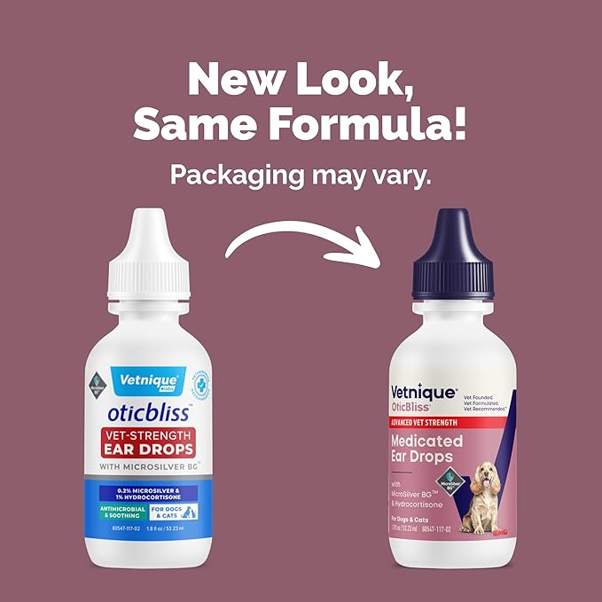 Vetnique Oticbliss Cat & Dog Ear Infection Treatment Drops, MicroSilver Yeast Infection Treatment for Dogs, Hydrocortisone for Itching, Redness Swelling (Ear Infection)