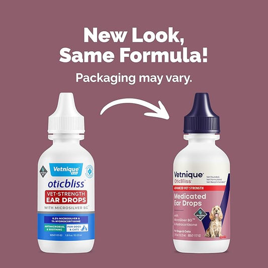 Vetnique Oticbliss Cat & Dog Ear Infection Treatment Drops, MicroSilver Yeast Infection Treatment for Dogs, Hydrocortisone for Itching, Redness Swelling (Ear Infection)