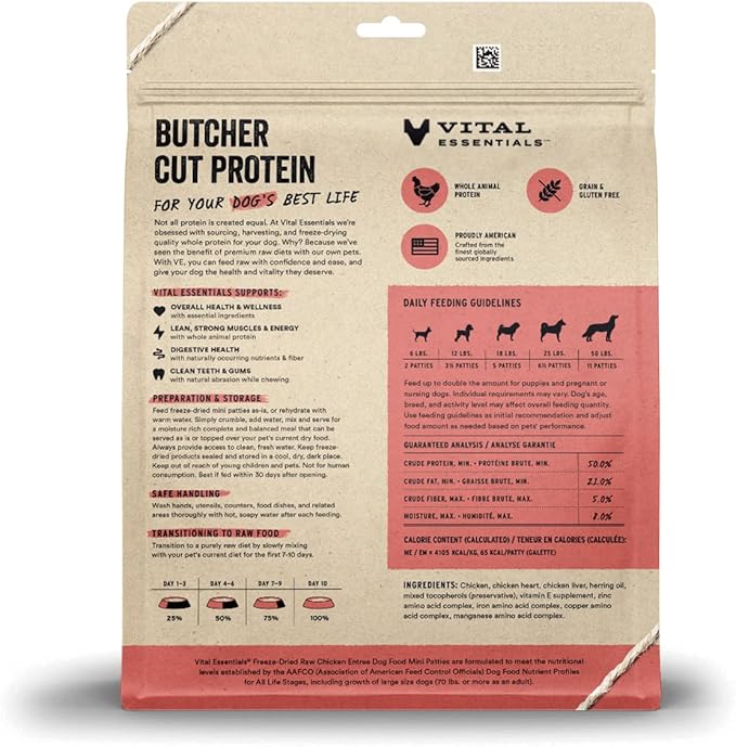 Vital Essentials Freeze Dried Dog Food, Raw Chicken Mini Patties | Complete Meal or Topper | High Protein, Grain Free Dry Dog Food | 14 oz Bag