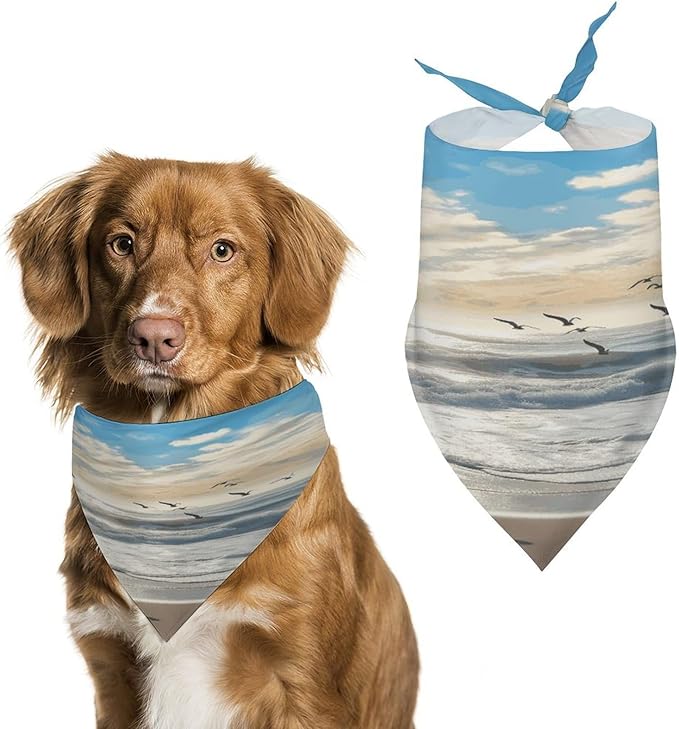Dog Bandana Spring Pet Scarf Adjustable Triangle Waves on The Beach with Sea Birds Printing Dog Bib Washable Polyester Puppy Bandana for Small Medium Large Dogs Cat Birthday Party Supplies