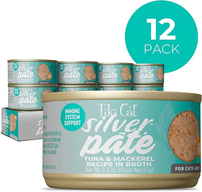 Tiki Cat Silver Pate Wet Cat Food, Tuna & Mackerel Recipe in Broth, 2.4 oz. Can (12 Count)
