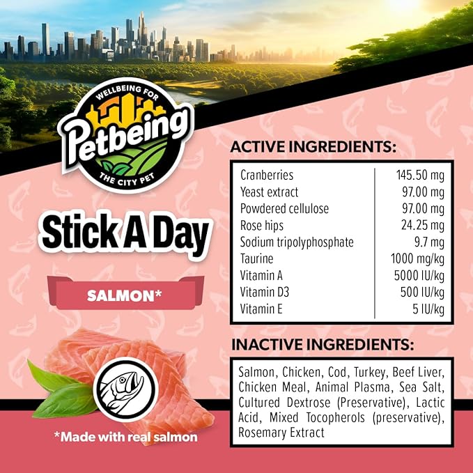 Stick a Day Cats | Specially Formulated 7-in-1 Functions Daily Real Meat Supplement for Cats | Cat Chew Stick & Pet Vitamins Supplements Combination (7-Pack x 4, Salmon)