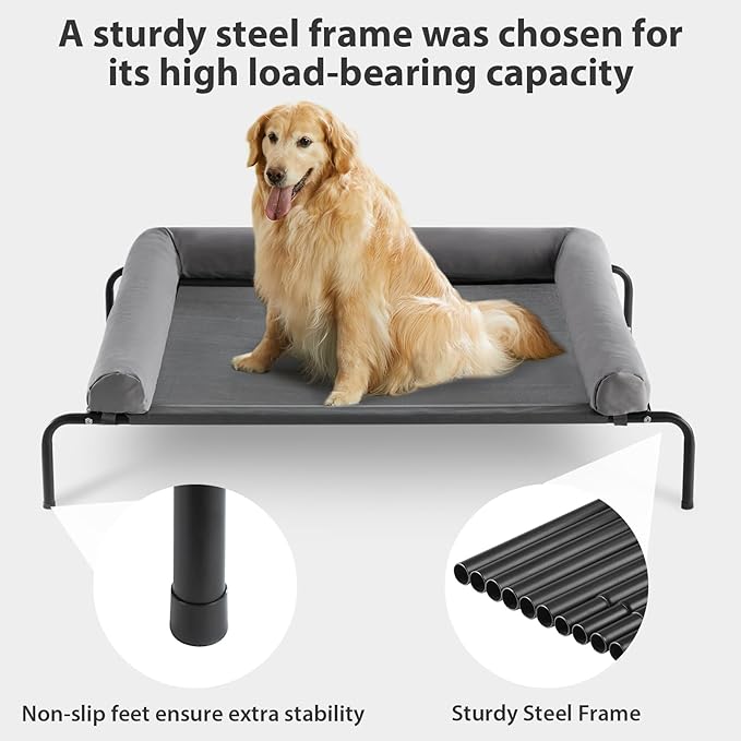 RRPETHOME Large Elevated Cooling Dog Bed, Raised Dog Cot Beds for Large Dogs, Elevated Outdoor Pet Bed, Chew Proof Portable Cooling Pet Cot with Skid-Resistant Feet and Breathable Mesh
