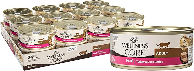 Wellness CORE Pate Adult Wet Cat Food, Natural, Protein-Rich, Grain Free, 5.5 Ounce, 24 Pack (Turkey & Duck)