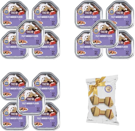 15 Trays Wet Dog Food 3.5 OZ Filet Mignon Flavor + Gift Bone
