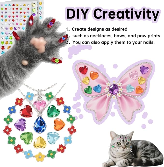100 pcs Pet Hair Grooming Accessories Gem Stickers with Pet Self Adhesive Gems Rhinestones & 40 pcs Cat Nail Caps, Cat Claw Covers with Adhesives and Applicators for Birthday Party