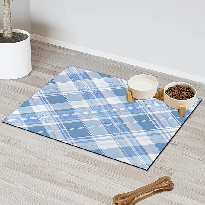Buffalo Plaid Dog Food Mat for Floors Absorbent, Quick Dry Water Dispenser Mat for Food, Water, Pet Supplies 16" x 24", Blue Check