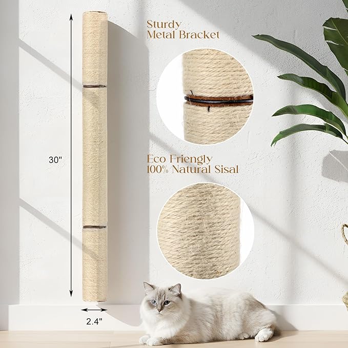 2 Pcs 30" Wall Mounted Cat Scratching Post for Large Cats, Wall Mounted Sisal Scratching Post, Furniture for Indoor Cats Climb Stretch Play, Tall and Sturdy Cat Climbing Pole
