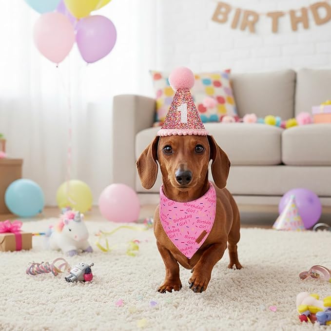 PTDECOR Dog Birthday Party Supplies, Pink Birthday Girl Bandana, Glitter Dog Birthday Hat with Numbers for Small Dogs Pets (Small)