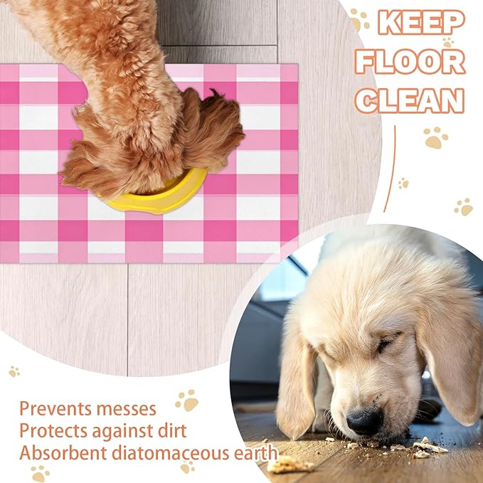 Pink Checkered Dog Food Mat for Floors Absorbent, Quick Dry Water Dispenser Mat for Food, Water, Pet Supplies 12" x 20", Buffalo Plaid