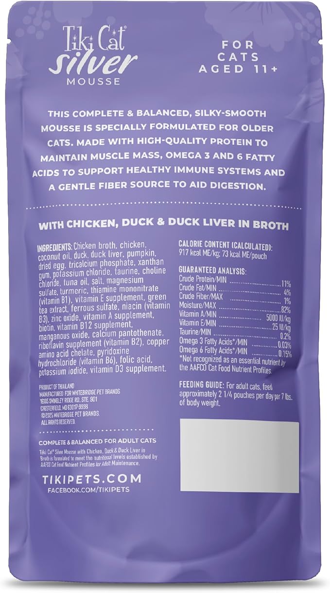 Tiki Cat Silver Mousse Wet Cat Food, Chicken, Duck & Duck Liver in Broth, 2.8 oz. Pouch (12 Count)