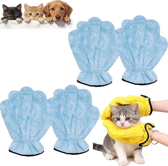 2026 New Corals Fleece Pet Grooming Gloves, Soft Cat Bathing Mitts, Gentle Absorbent Towel Gloves, Reusable and Lightweight, Quickly Drying Dogs Cats (Blue, 4pcs)