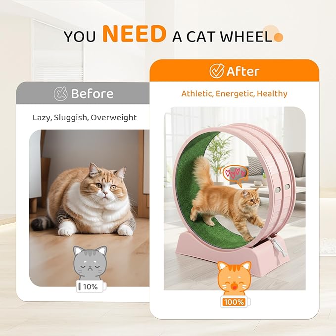 VINGLI Cat Exercise Wheel, 31" Cat Treadmill for Indoor Cats, Cat Running Wheel with Carpeted Runway for Weight Loss & Daily Exercise (Pink)