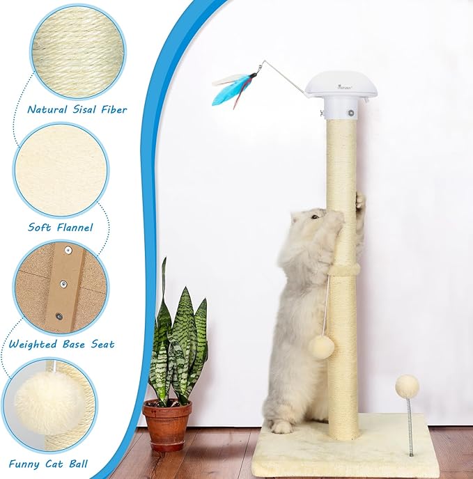 Cat Scratching Posts Sisal Scratch Posts with Hanging Ball for Indoor Cats Claw Scratcher (34 inches with Top Toy, Beige)