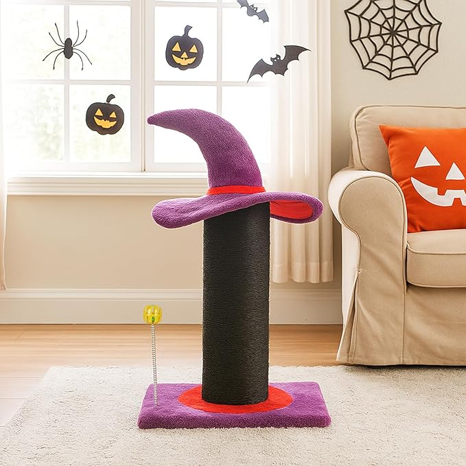 Halloween Wizard Hat Cat Scratching Post with Interactive Spring Ball Toy, Purple Spooky Theme,Activity Cat Play Center, 40 * 30 * 60cm