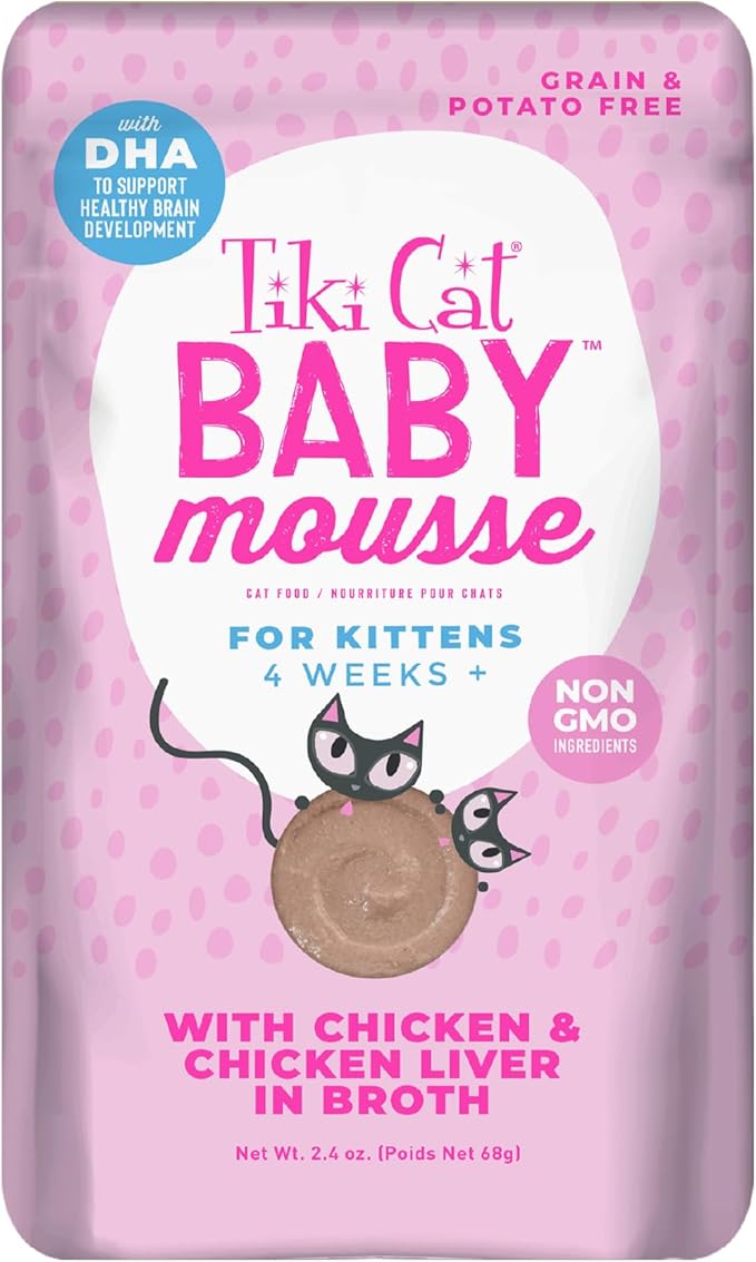 Tiki Cat Baby, Chicken and Chicken Liver, Grain-Free and Nutrient Rich, Wet Cat Food for Kittens 4 Weeks+, 2.4 oz. Pouch (12 Count)