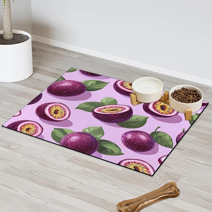 Passion Fruit Dog Food Mat for Floors Absorbent Dog Bowl Mat for Food and Water Dispenser Quick Dry Cat Food Placemat Pet Supplies 24" x 32", Tropical Fruit