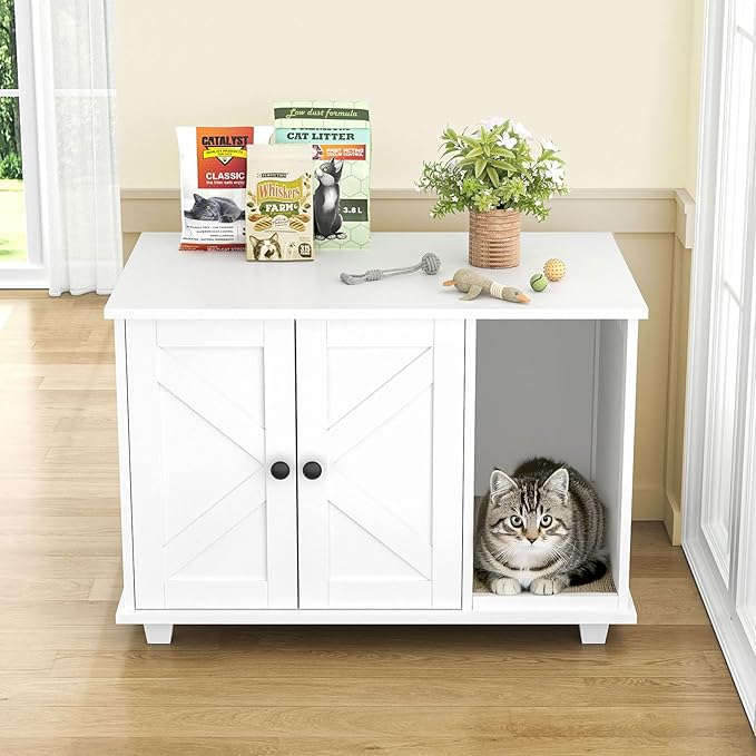 Giluta Cat Litter Box Enclosure,Hidden Litter Box Furniture Cabinet with Scratching Pad,Wooden Pet House Side End Table for Living Room Washroom,31.5 x 20.5 x 21.6 Inches (White)