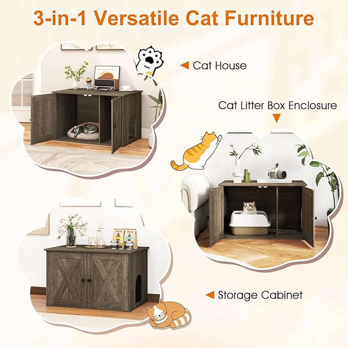 Tangkula Cat Litter Box Enclosure, Hidden Cat Washroom Cabinet with Double Doors, Divider, Side Entry, Indoor Wooden Cat House End Table, Enclosed Litter Box Furniture (Oak)