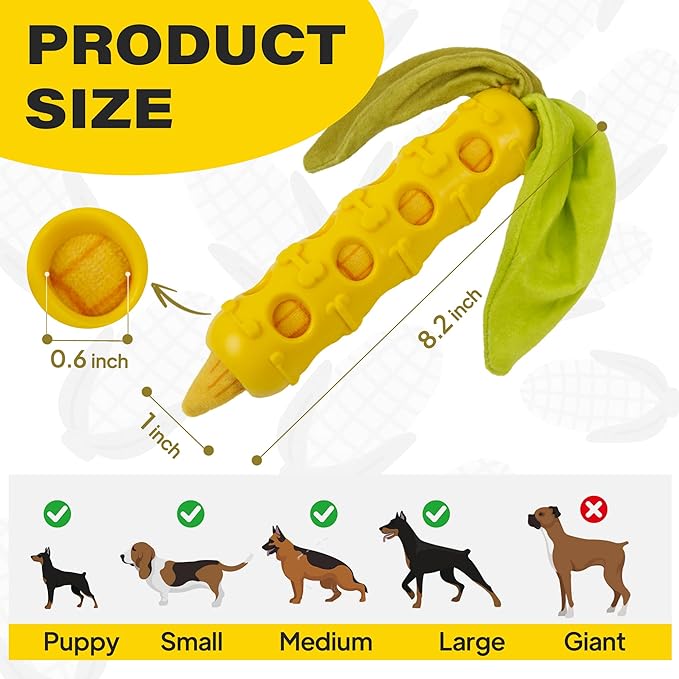 Fida 2-in-1 Puppy Teething Toys, Natural Rubber Chew Toys for Dogs to Keep Them Busy & Plush Toys with Crinkle Leaves, Interactive Dog Toys for Small Medium Breeds and Puppies (Corn)