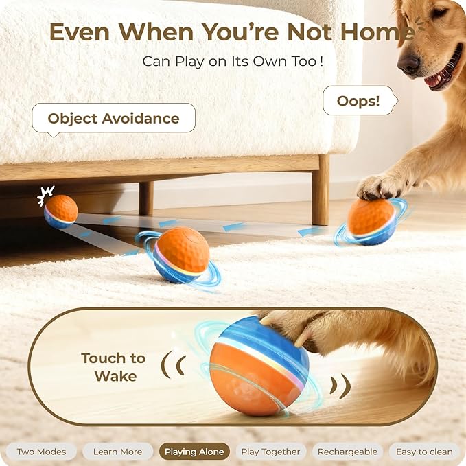 Apasiri Interactive Dog Toys (3.74 in Diameter): Duraspin Dog Ball with LED Lights, Automatic Moving Dog Toys for Aggressive Chewers, Dog Toys for Large Dogs, Vibrating Dog Toy Balls for Small, Medium