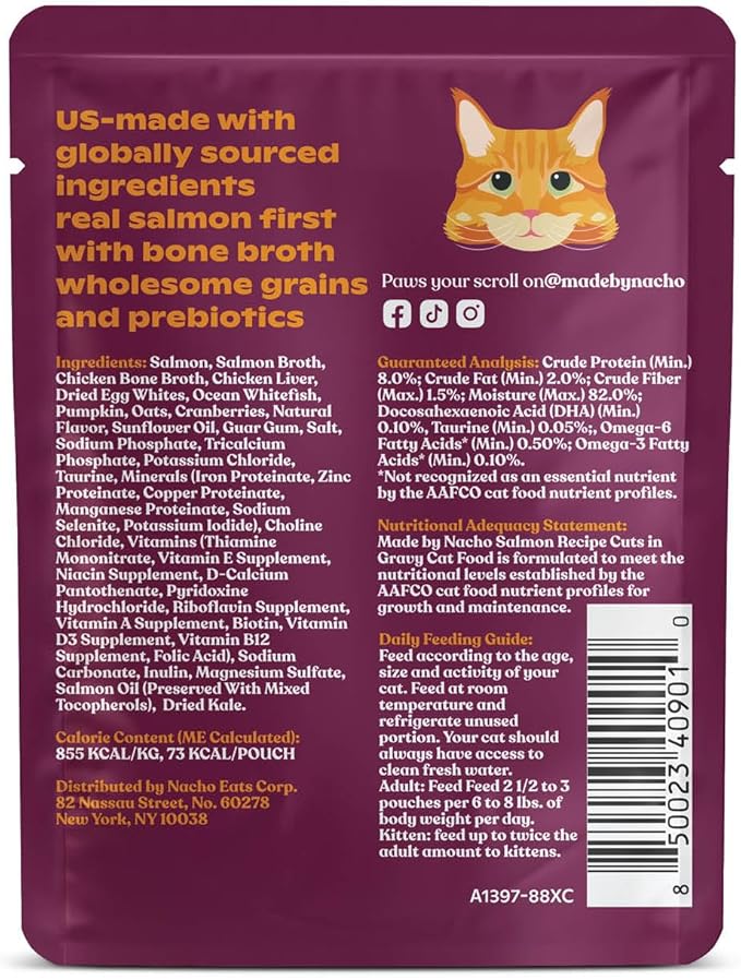 Made by Nacho Wet Cat Food, Cuts in Gravy, Sustainably-Caught Salmon with Bone Broth for Extra Hydration, (12) 3 oz. Pouches, Limited Ingredients