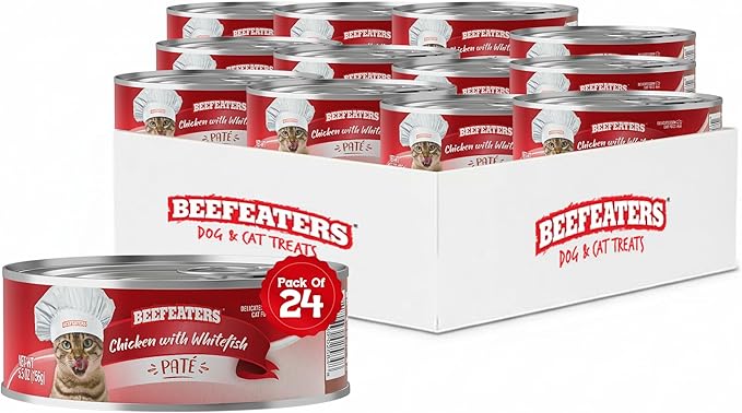 Beefeaters Chicken Whitefish Pate Wet Cat Food 5.5oz (24-Pack) | Adult Wet Food with Taurine, Premium Catfood Wet Food, No Artificial Additives, Balanced Nutrition | Supports Immune System & Vision
