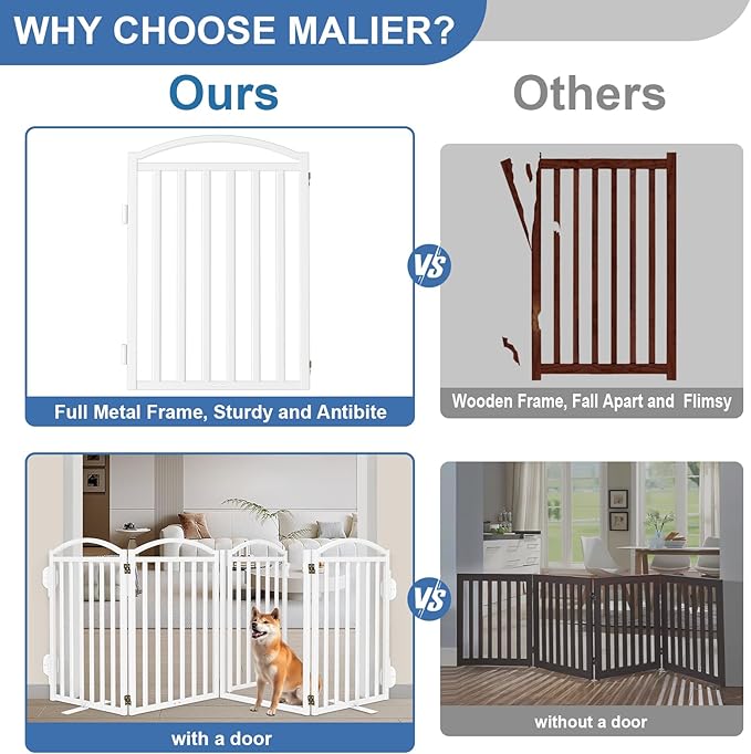 Malier Metal Freestanding Dog Gates with Door, 32'' Height Outdoor Indoor Dog Fences, Extra Wide Foldable Puppy Gate for Stairs (White, 【6 Panels with Door】 120''W × 32''H)