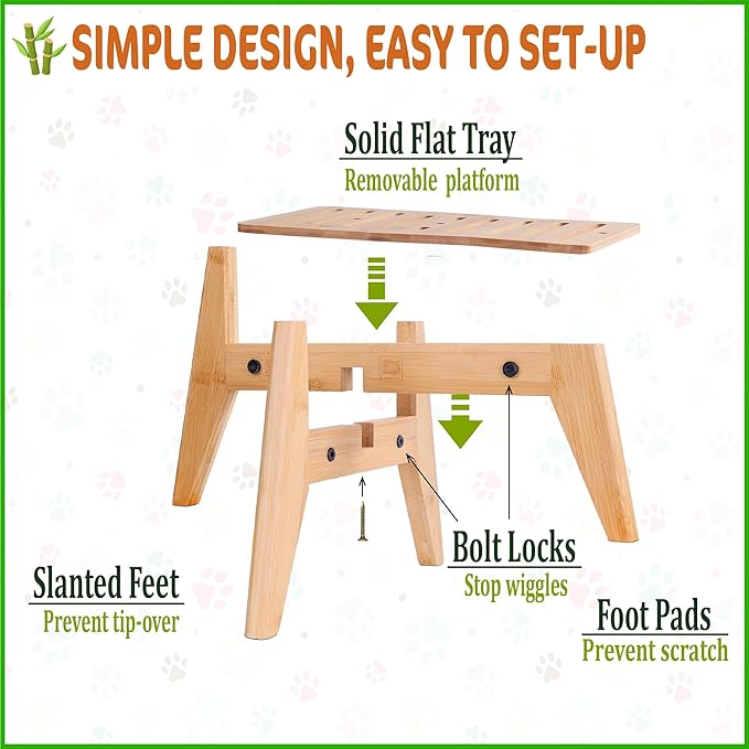 Dog Water Bowl Dispenser Stand - Compatible with Automatic Food Feeders and Water Dispensers - Adaptable Size (Fits S-M-L Sizes) - Natural Bamboo