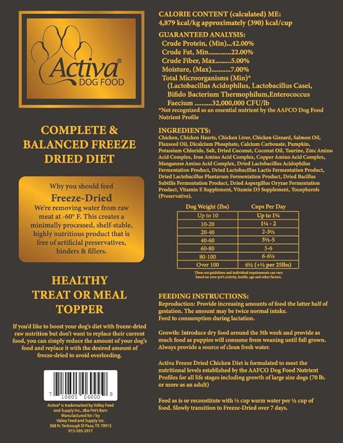 Activa Complete & Balanced Freeze Dried Dog Food, Healthy Treat or Meal Topper, Made in USA (Chicken)