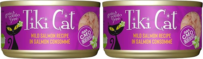 Tiki Cat Luau Shredded Meat,Wild Salmon Recipe in Salmon Consumme,Grain-Free Balanced Nutrition Wet Canned Cat Food,for All Life Stages,2.8 oz. Can,(Pack of 24)